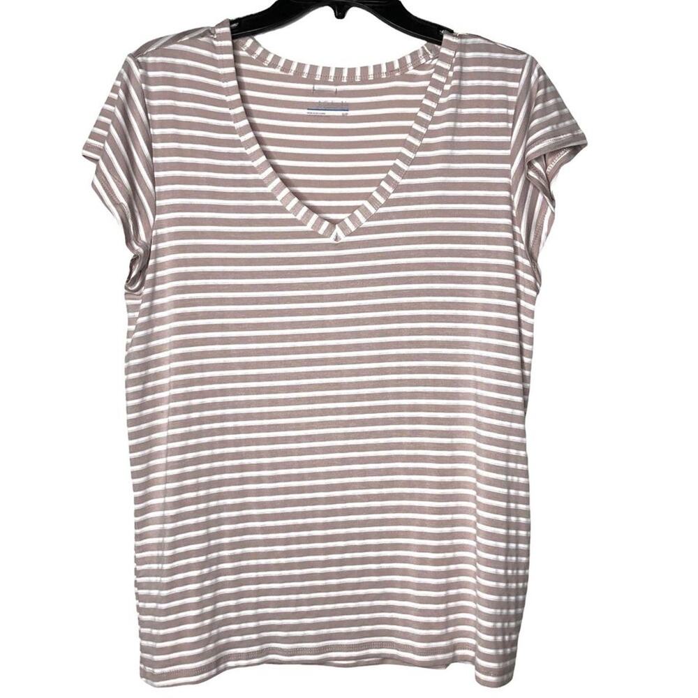 NEW Columbia Size Small  T Shirt Womens Striped V Neck Stretch Beige No Tags